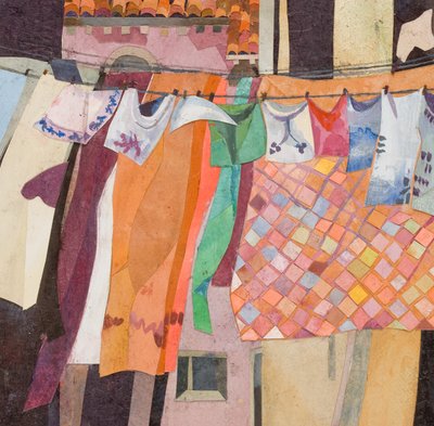 Venice Washing Chequered Quilt, 2016 (vesivärillä maalattu paperikollaasi) tekijältä Christine McKechnie