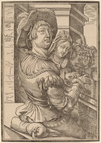 Nuori mies pelaamassa psalteriumia tekijältä Christoffel van Sichem I after Hendrik Goltzius