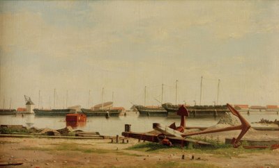 Näkymä Nyholmille nostureineen ja sotalaivoineen tekijältä Christoffer Wilhelm Eckersberg
