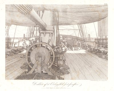 Tanskalainen: Sota-aluksen kansi edestä katsottuna. tekijältä Christoffer Wilhelm Eckersberg