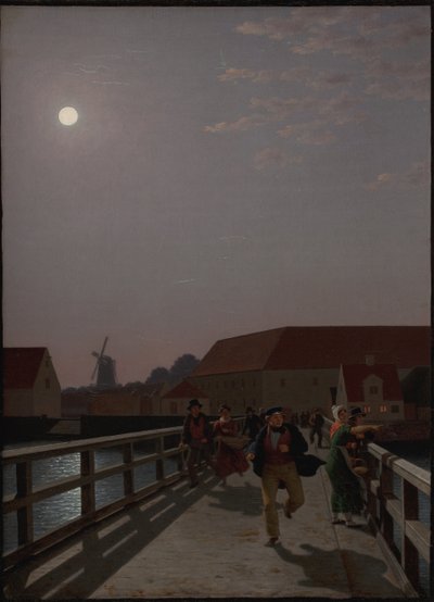 Langebro, Kopenhagen, im Mondlicht mit laufenden Figuren von Christoffer-Wilhelm Eckersberg