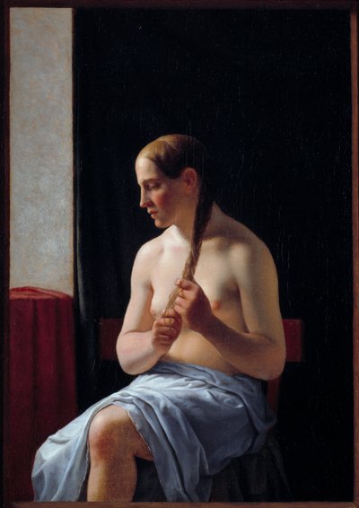 Alaston malli istuu. Muotokuva naisesta, joka punoi hiuksiaan (punos). Christoffer Wilhelm Eckersbergin maalaus (1783-1853) tekijältä Christoffer Wilhelm Eckersberg