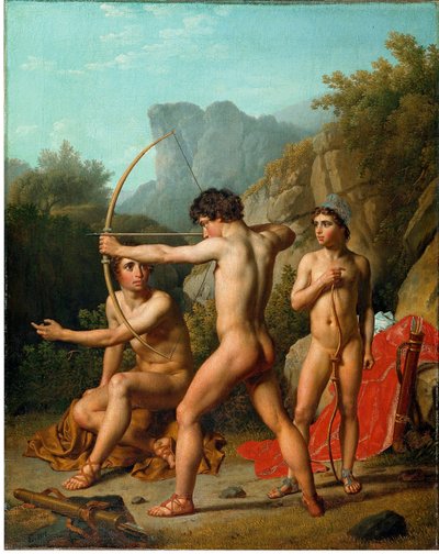 Kolme spartalaista poikaa harjoittelee jousiammuntaa tekijältä Christoffer Wilhelm Eckersberg