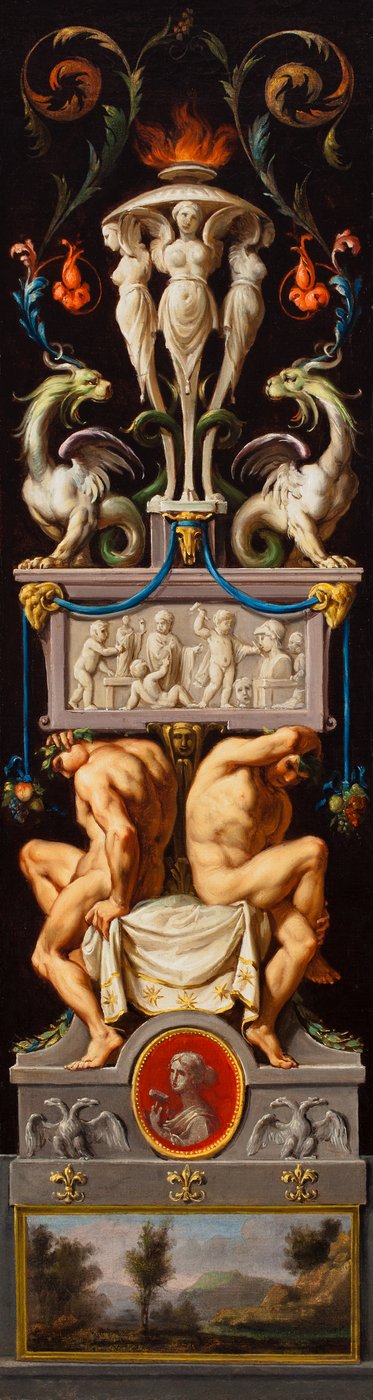 Tutkimus kompositioon, jossa on Ignudeja ja groteskeita sekä veistoksen allegoria, noin 1776 (öljy kankaalle). tekijältä Christoph Unterberger