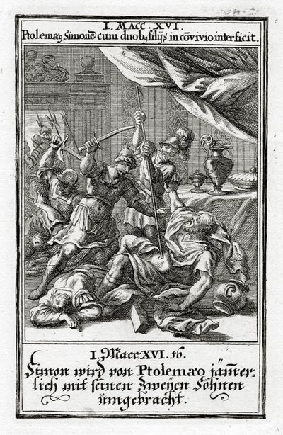 Ptolemaios tappaa Simonin ja hänen kaksi poikaansa. 1 Makkab 14:16, 1695 tekijältä Christoph Weigel