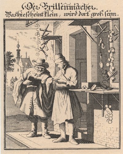 Silmälasien valmistaja tärkeimpien hyväntekeväisyysasuntojen kuvasta, 1698 tekijältä Christoph Weigel the Elder