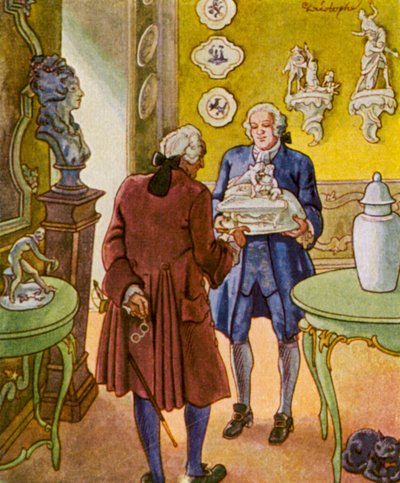 Porzellankabinett / Posliinikaappi (värilitografia) tekijältä Christophe (1856-1945)