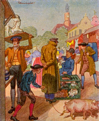 Wochenmarkt / Viikkomarkkinat (värillinen litografia) tekijältä Christophe (1856-1945)