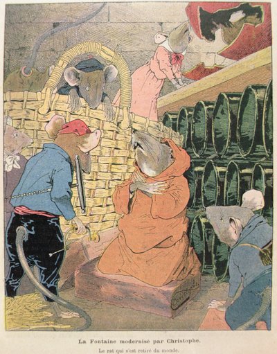 Kuvitus Jean de La Fontainen (1621-95) taruista yhteiskunnasta vetäytyneelle rottalle 1902 (värikaiverrus) tekijältä Christophe 1856 1945 Christophe 1856 1945