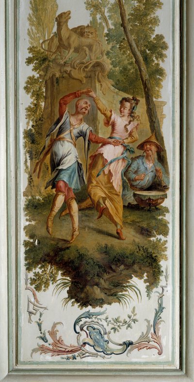 Chinoiserie: Tanssikohtaus, Champs sur Marnen linnan suuren salongin paneeli, jonka toteuttaja Christophe Huet (1700-1759) tekijältä Christophe Huet