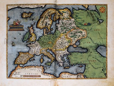 Euroopan kartta. 1588 (värillinen etsaus) tekijältä Christophe Plantin