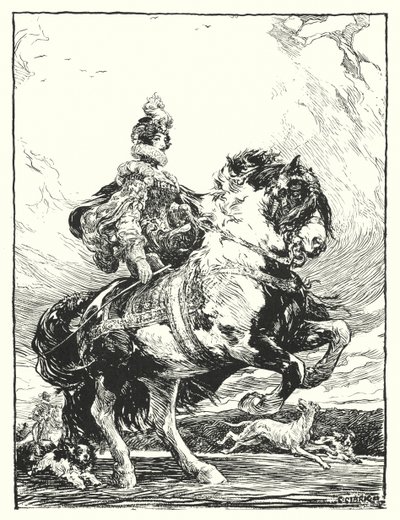 Nainen Tudor-asussa metsästämässä hevosen selässä (litho) tekijältä Christopher (after) Clark
