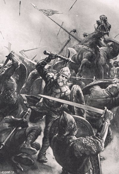 Stamford Bridgen taistelu, kuvitus julkaisusta "British Battles on Land and Sea", julkaisija Cassell, Lontoo, n. 1910 tekijältä Christopher Clark