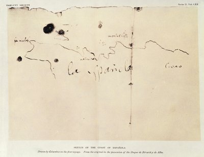 Luonnos Espanolan rannikosta, jonka Kolumbus on piirtänyt ensimmäisellä matkalla, alkuperäisestä, joka oli herttua de Berwick y de Alban hallussa, 1492 (muste paperille) tekijältä Christopher Columbus