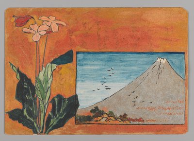 Pieni kortti, jossa Fuji-vuori ja kukkia tekijältä Christopher Grant La Farge