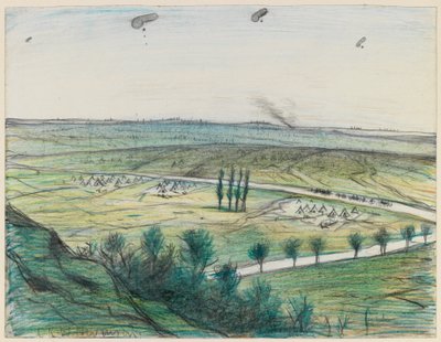 Maisema havaintoilmapalloilla, 1914-1918 (kynä ja värikynä paperilla) tekijältä Christopher Richard Wynne Nevinson