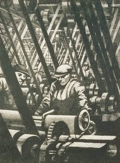 Moottorin valmistus, 1917 (etsaus ja kuivakärki) tekijältä Christopher Richard Wynne Nevinson