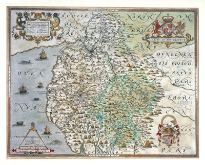 Westmorlandin ja Cumberlandin kartta, 1576 tekijältä Christopher Saxton