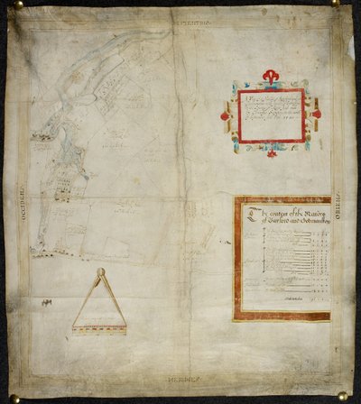 Kartta Bayfordin ja Goodmanstonin kartanoista Murstonissa ja Sittingbournessa, co. Kent: 1590 (muste ja väriväriliuokset pergamentilla). tekijältä Christopher Saxton