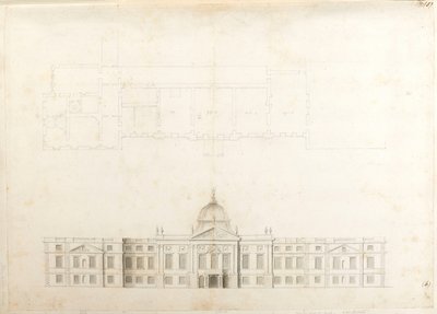 Hampton Court Palace, osasuunnitelma ja luonnoskorotus sisäänkäynnin julkisivua varten, luultavasti 2. mallia varten, numeroitu 5 ja 6 tekijältä Christopher Wren