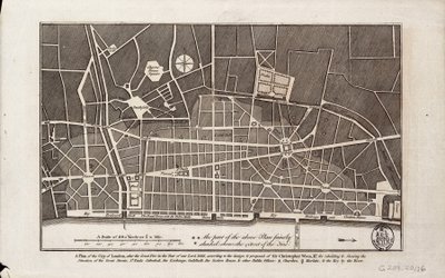 Kartta Lontoon kaupungista vuoden 1666 suuren palon jälkeen (painos) (painettu) tekijältä Christopher Wren