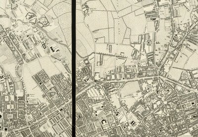 Yksityiskohta Pentonvillen alueesta Lontoon kartalta, joka on peräisin vuonna 1824 tehdystä todellisesta kartoituksesta. tekijältä Christopher and John (fl.1821 40) Greenwood