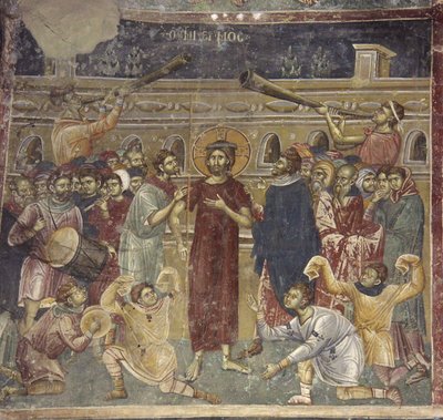 Muusikoiden Jeesuksen pilkkaaminen -kohtaus, n. 1317 tekijältä Chrostiras Michael