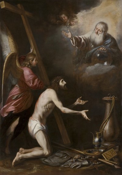 Espanjan kieli: Cristo flagelado arrodillado ante Dios Padre (Ruoskitun Kristuksen polvistuminen Isän Jumalan edessä). tekijältä Circle of Antonio del Castillo y Saavedra