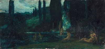 Saksa: Kylpeviä naisia illalla eteläisessä maisemassa tekijältä Circle of Arnold Böcklin