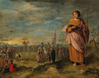 Frans Francken II (ympyrä) Evankelista ja Kristuksen ristiinnaulitseminen tekijältä Circle of Frans Francken the Younger