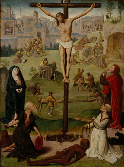 Ristiinnaulitseminen Pyhän Jeromeen ja Pyhän Dominicuksen kanssa ja kohtauksia intohimosta tekijältä Circle of Geertgen tot Sint Jans