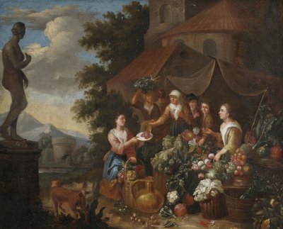 Vihannesten ja kukkien myyntiä italialaisella torikojulla. tekijältä Circle of Norbert van Bloemen