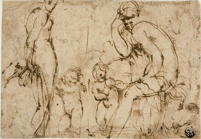 Venus ja Mars sekä putteja (etusivu); parrakas mies liikkuu oikealle (kääntöpuoli). tekijältä Circle of Parmigianino