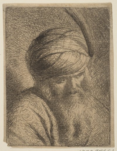 Miehen rintakuva turbaanissa ja pitkässä pardassa.n.d. tekijältä Circle of Rembrandt