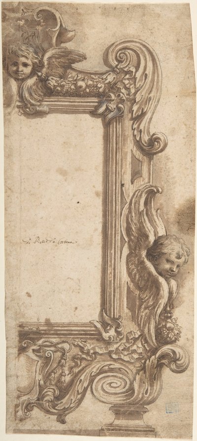 Suunnittelu enkeleillä, voluuteilla ja seppeleillä koristellulle puolikehykselle., 1634-89. tekijältä Ciro Ferri.