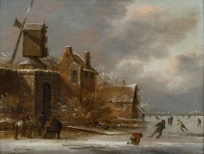 Talvimaisema luistelijoiden kanssa jäätyneellä joella kylän ulkopuolella tekijältä Claes (1630 76) Molenaer