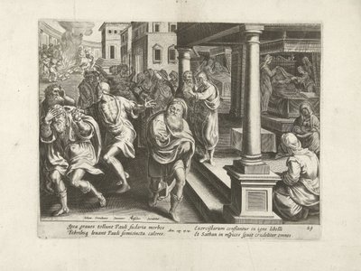 Paavali ajaa ulos demonit Efesossa Apostolien teot (sarjan nimi) Acta Apostolorum (sarjan nimi) tekijältä Claes Jansz. Visscher (II) (workshop of)