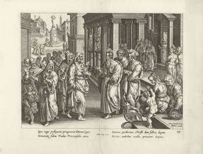 Paavali riitelee velho Elymasin kanssa Apostolien teot (sarjan nimi) Acta Apostolorum (sarjan nimi) tekijältä Claes Jansz. Visscher (II) (workshop of)