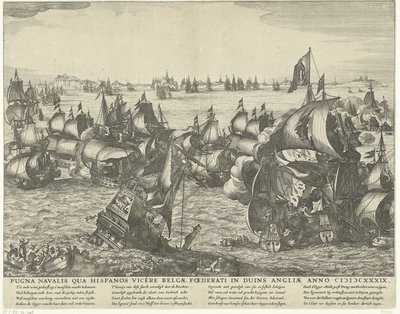 Zeeslag bij Duins, 1639 Meritaistelu, jossa belgialaiset voittivat espanjalaiset Englannin duineissa vuonna 1339 (otsikko esineessä) tekijältä Claes Jansz. Visscher (II) (workshop of)