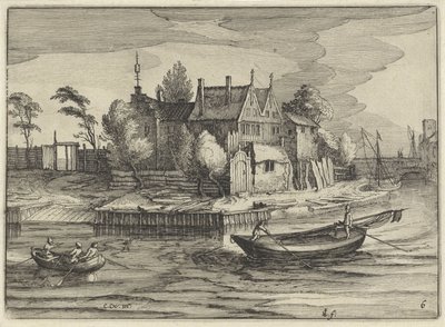 Sloops eräällä tilalla Hollantilaiset maisemat (sarjan nimi) Amaeniores Aliquot Regiunculae (sarjan nimi esineessä) tekijältä Claes Jansz. Visscher (II)