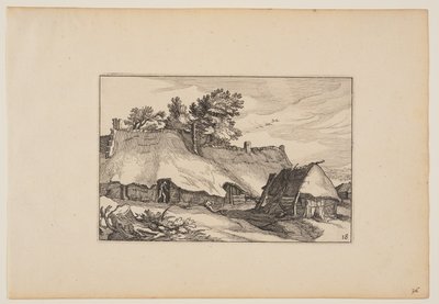 Maatila, mies oviaukossa, maisemista (Verscheyden aerdige Lanthuysen...) tekijältä Claes Jansz. Visscher