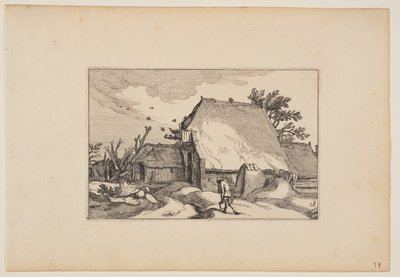 Maatila, mies kahden ämpärin kanssa polulla edessä, maisemista (Verscheyden aerdige Lanthuysen...) tekijältä Claes Jansz. Visscher