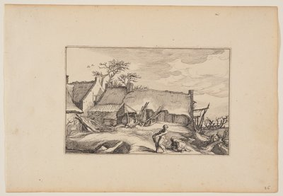 Maalaistalo, etualalla koria kantava mies, maalauksesta Landscapes (Verscheyden aerdige Lanthuysen...) tekijältä Claes Jansz. Visscher