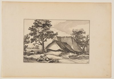 Navetat, lepäävä lauma ja koira keskellä etualalla, maalauksesta Landscapes (Verscheyden aerdige Lanthuysen...) tekijältä Claes Jansz. Visscher