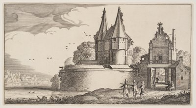 Bastion ja kaupungin portti joen rannalla, teoksesta Maisemat (Playsante Lantschappen) tekijältä Claes Jansz. Visscher II