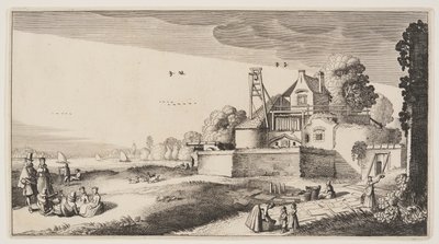 Valkaisukenttä joen rannalla sijaitsevan linnoituksen edessä, teoksesta Landscapes (Playsante Lantschappen). tekijältä Claes Jansz. Visscher II