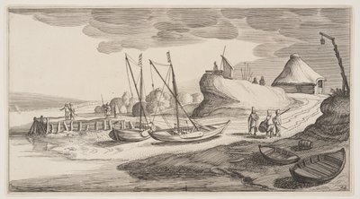 Veneet rannalla vahtitornin lähellä, maisemakuvista (Playsante Lantschappen) tekijältä Claes Jansz. Visscher II