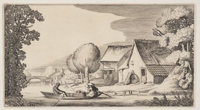 Maanviljelijä ja nainen maanviljelijä riviveneessä, teoksesta Maisemat (Playsante Lantschappen) tekijältä Claes Jansz. Visscher II