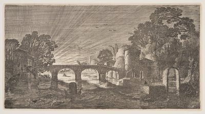 Auringonlasku joen yli, alkaen Landscapes (Playsante Lantschappen) tekijältä Claes Jansz. Visscher II