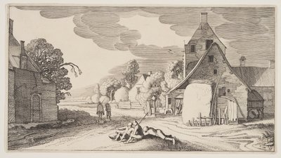 Kolme talonpoikaa lepää kylän risteyksessä, teoksesta Landscapes (Playsante Lantschappen). tekijältä Claes Jansz. Visscher II